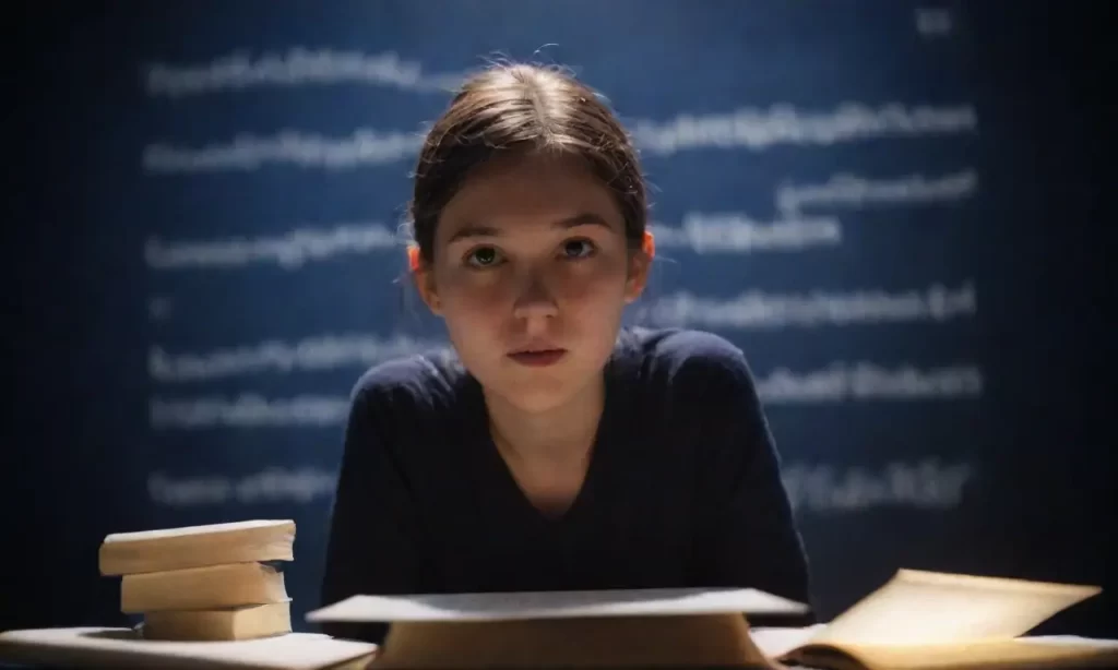 La luz ilumina el rostro de un estudiante con brillos y gráficos. (The light illuminates the students face with sparkles and charts.)