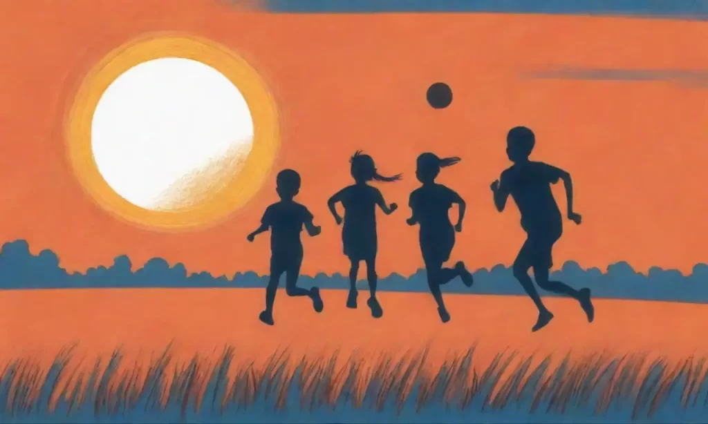 Un atardecer naranja vibrante mancha una pared de blanco y niños bailan bajo el cielo de un azul brillante