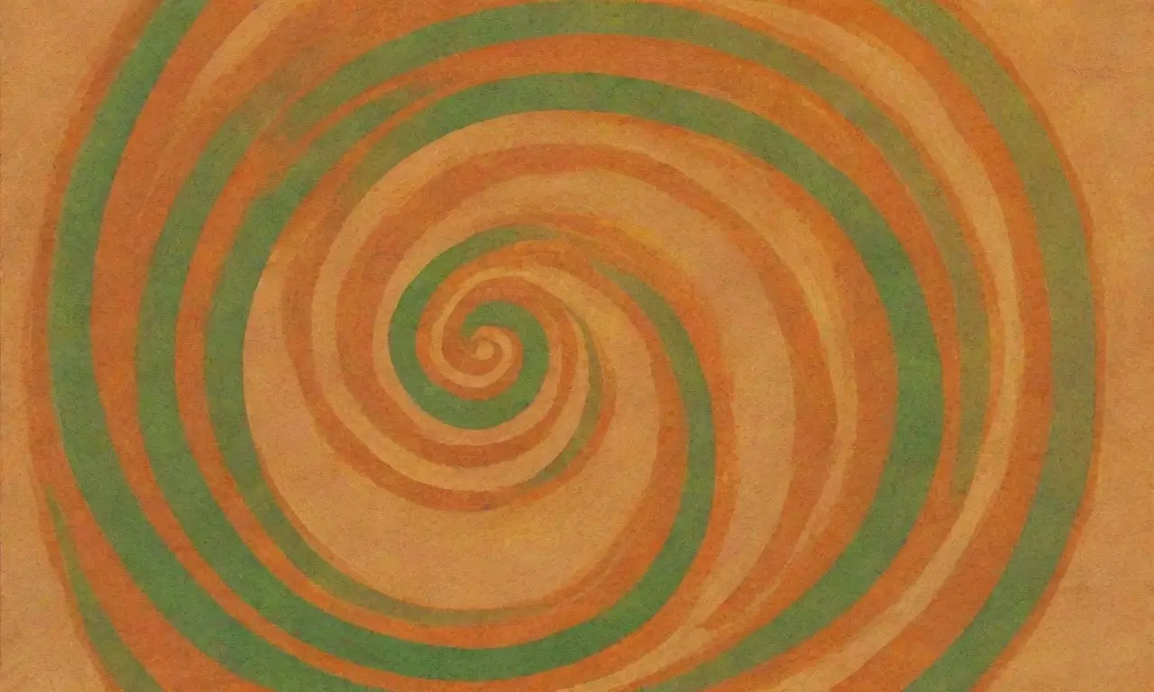 Patrones geométricos abstractos, naranja y verde que swirl, iluminados por rayos dorados, contra un fondo de óxido
