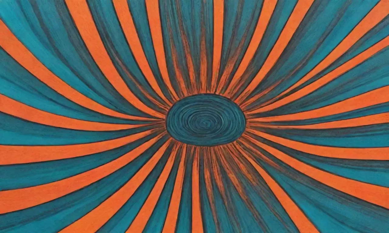 Formas abstractas giran con patrones intrínsecos, un azul-teal vibrante se mezclan con un naranja intenso en las esquinas, enmarcado por curvatura de sol del pincel