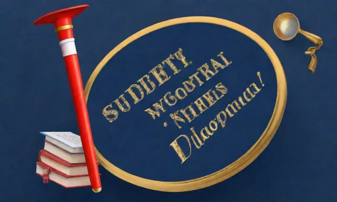 Un banner de texto rojo con dispersión de libros y un graduado