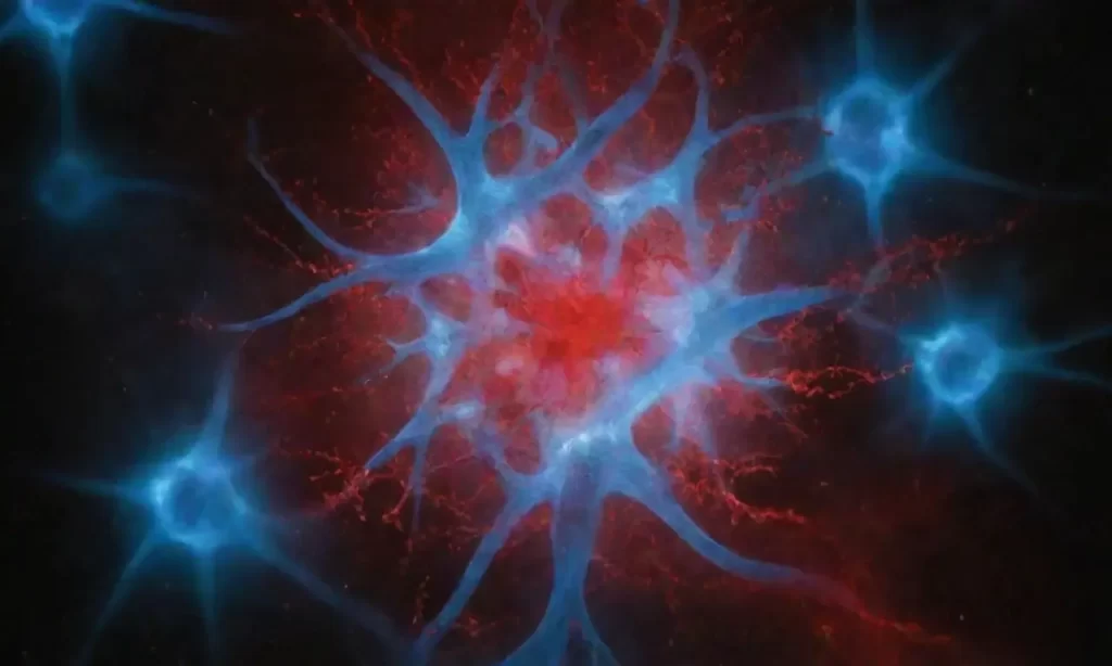 Un entramado cerebral azul baila con una nebulosa roja que gira