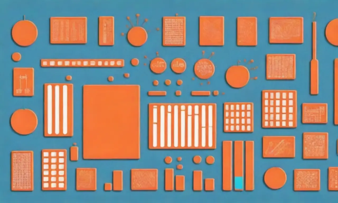 Un rectángulo naranja con iconos de gráficos, tablas e instrumentos