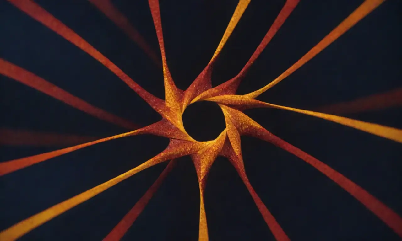 Esquemas geométricos y figuras luminosas rodean una composición naranja y roja en la que se destacan los detalles de un diseño dinámico