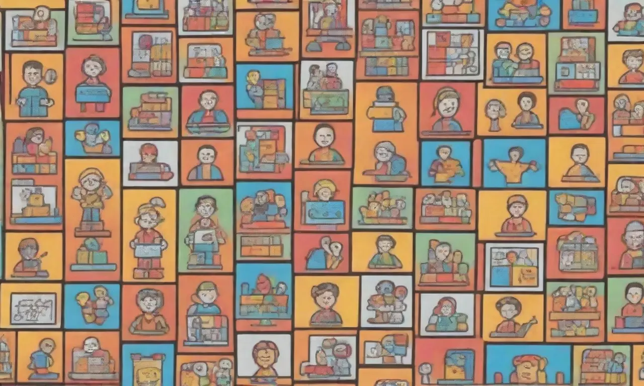Un formato cuadricular con iconos de colores brillantes: cursos online, libretas, rubricas de calificación, calculadoras y avatars de estudiantes