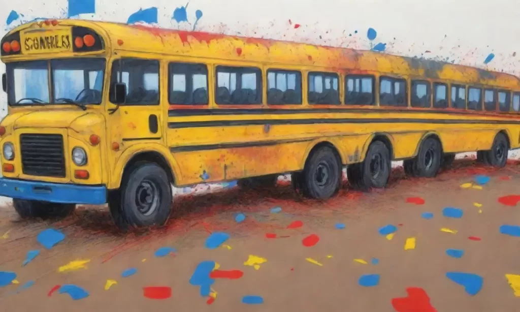 Colores brillantes despiertan en el borde del cuadro: autobuses amarillos