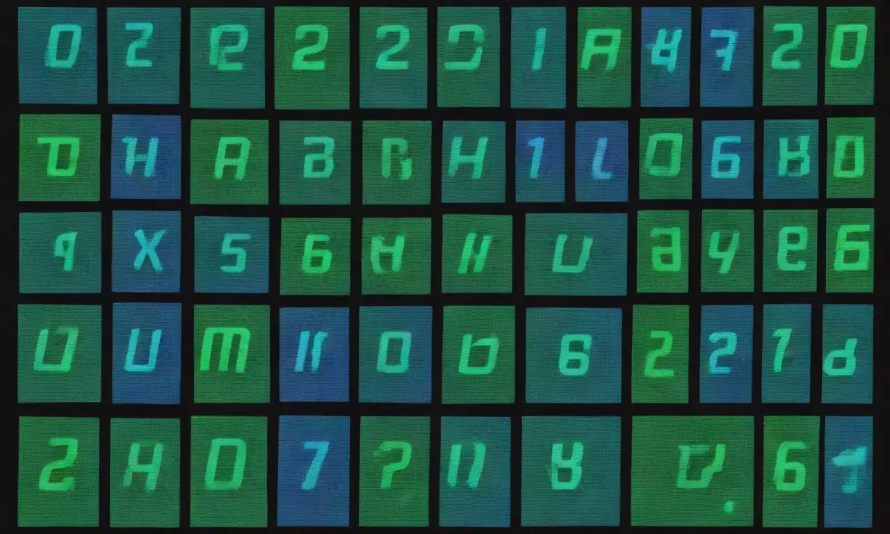 Formas geométricas de colores azules y verdes se superponen a los números de relojes digitales con luces neón verde