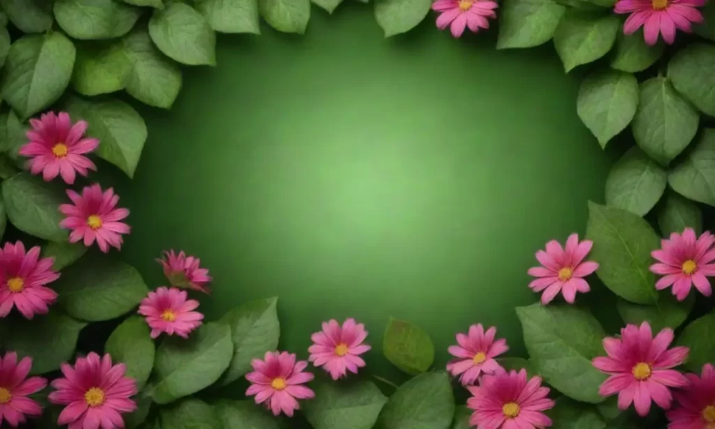 Un fondo verde vibrante destaca con hojas exuberantes y flores florecientes
