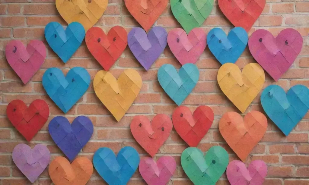 Patrones geométricos y corazones vibrantes en una pared de ladrillo descolorida