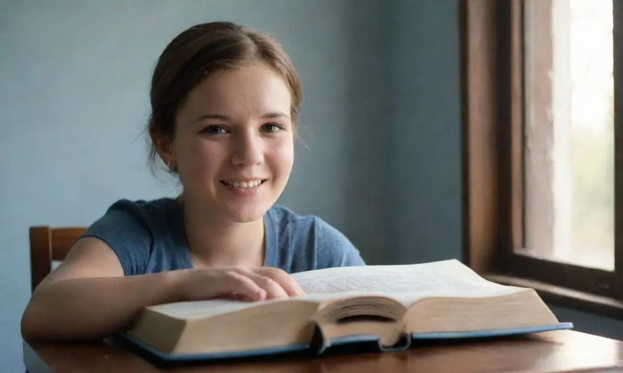 Libros abarrotados, plumas y cuadernos llenos; luz del sol ilumina una cara con determinación