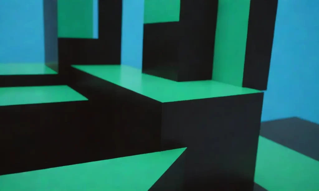 Los trazados dinámicos se juntan en un contraste alegre de negros cuadrados elegantes frente a formas geométricas azules y verdes vibrantes