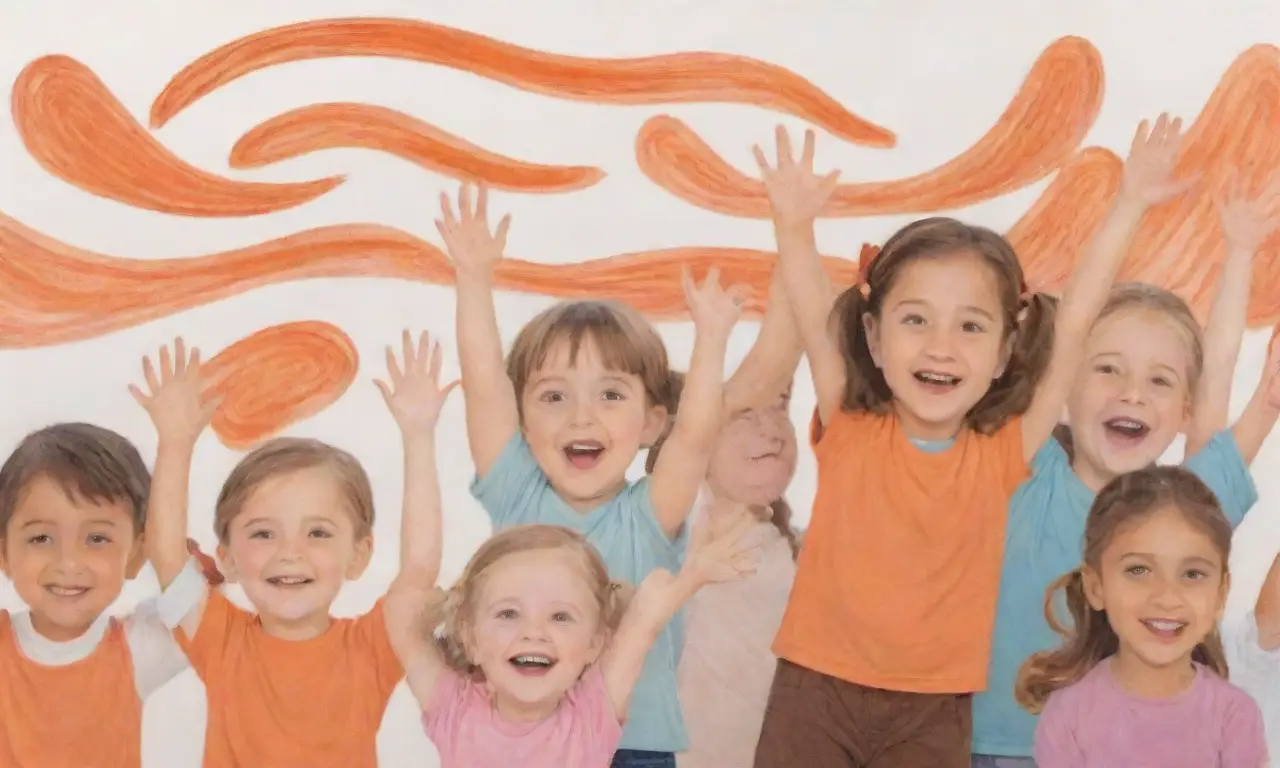 Un niño sonriente y con ojos brillantes saluda a otros niños con crayones, mientras sus colores vibrantes se elevan en el cielo