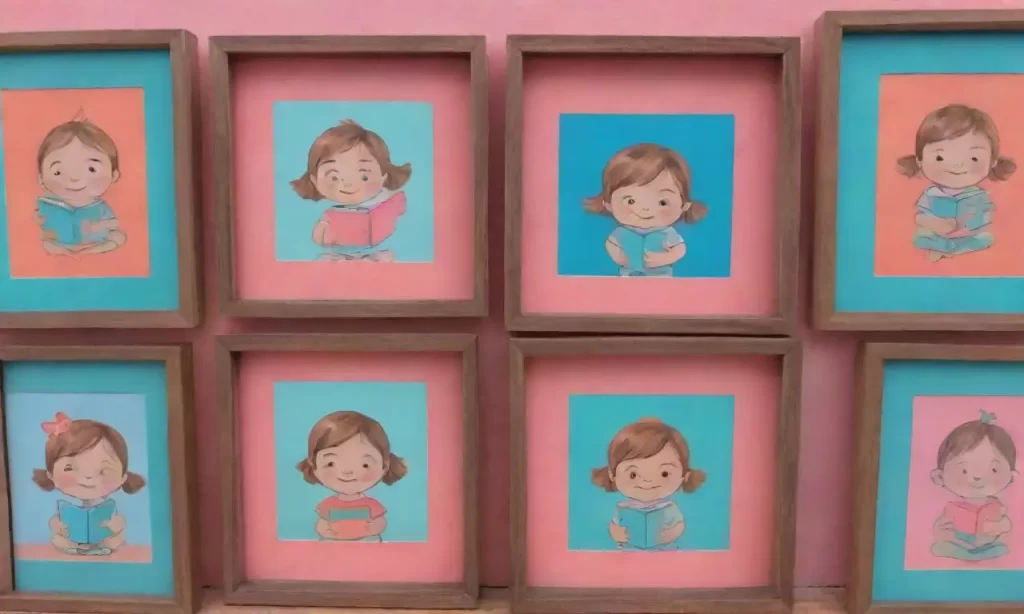 Libros colorful con ilustraciones de niños que sonreían