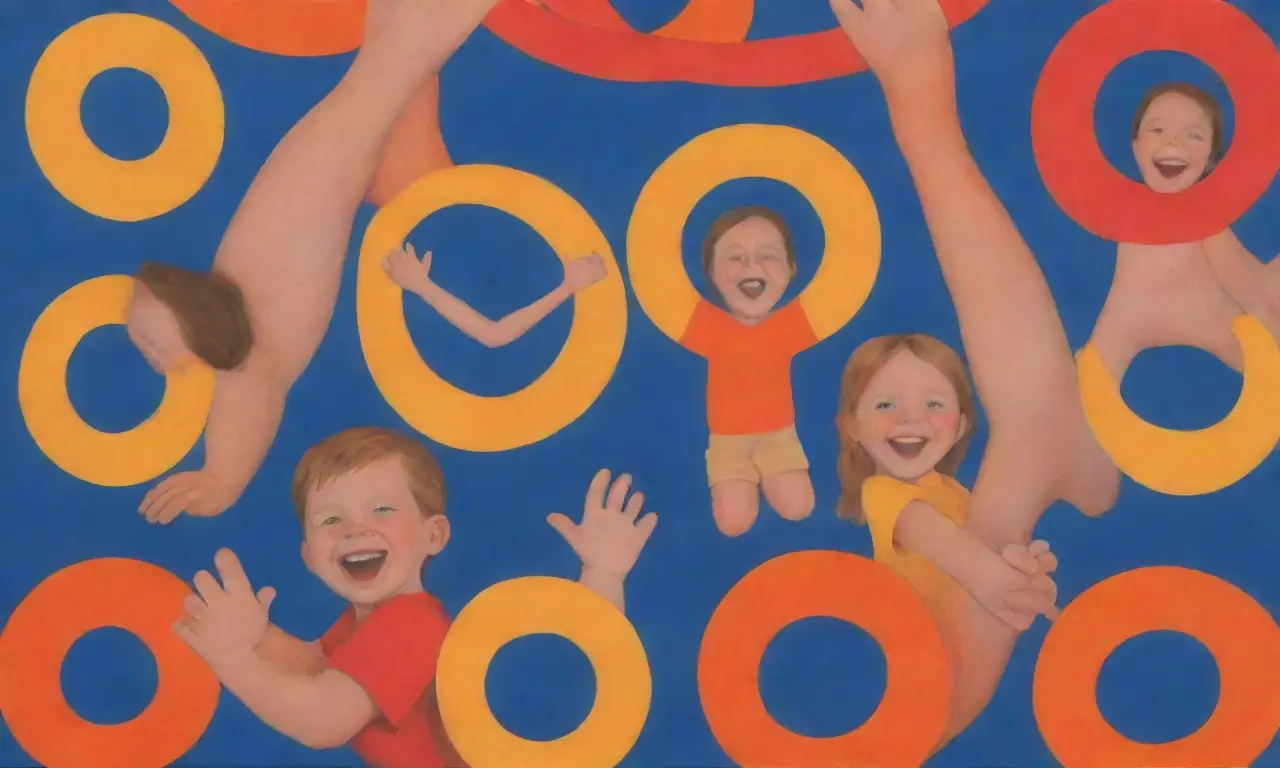 Colores cálidos de amarillo, naranja y rojo dibujan círculos superposiciones sobre fondo azul oscuro, evocando calidez, conexión y aprendizajes, niños abrazándose y riendo