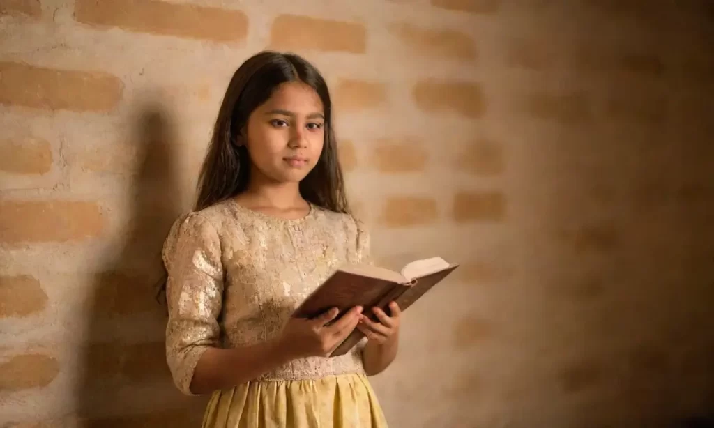 La joven abriendo un libro con el estudio se ve rodeada de manos que brillan