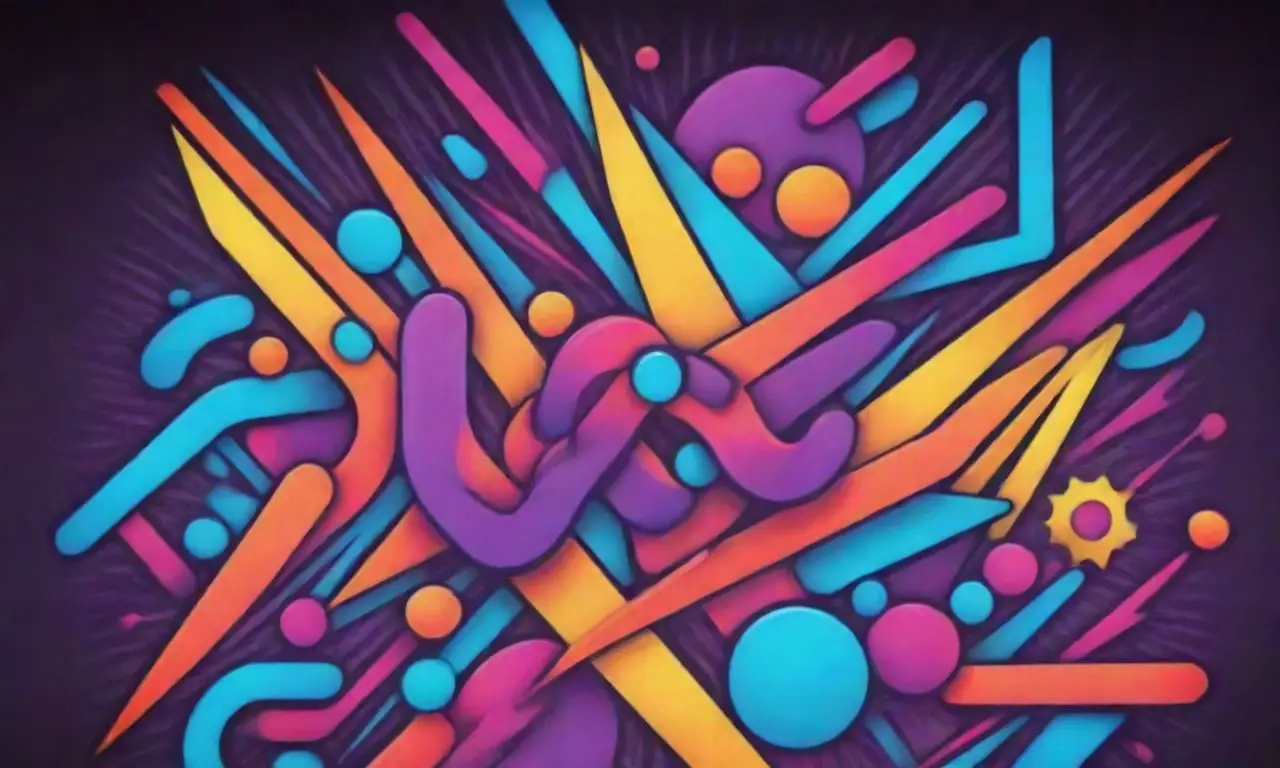 Icones vibrante con líneas geométricas de neón y tipografía abstracta florece en un sol digital