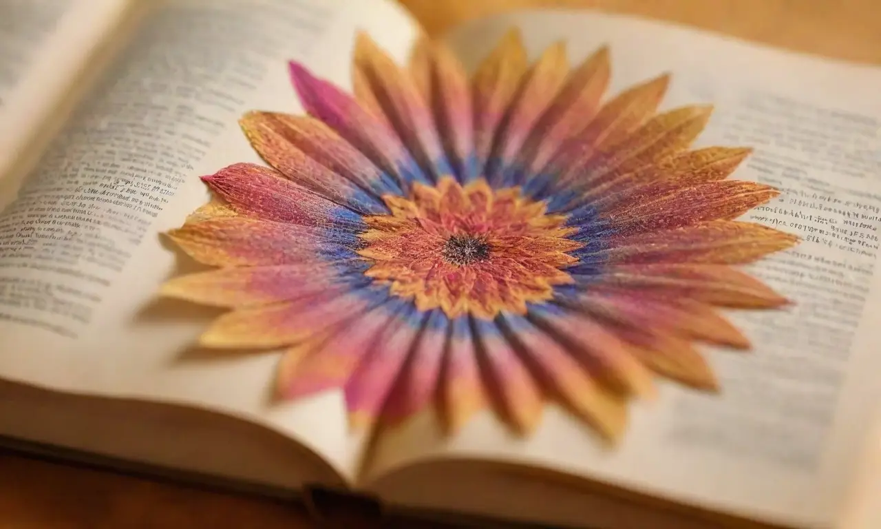 Páginas de libro con estampados vibrantes y diversos que flotan, un caleidoscopio de colores sobre un cálido fondo dorado