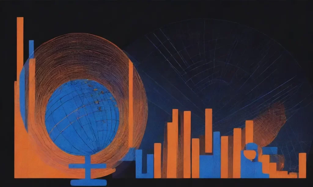 Formas abstractas cruzan datos en azul neón