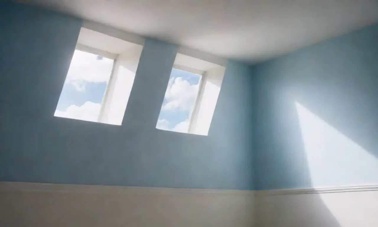 Las nubes azules giran con luz solar en la pared blanca