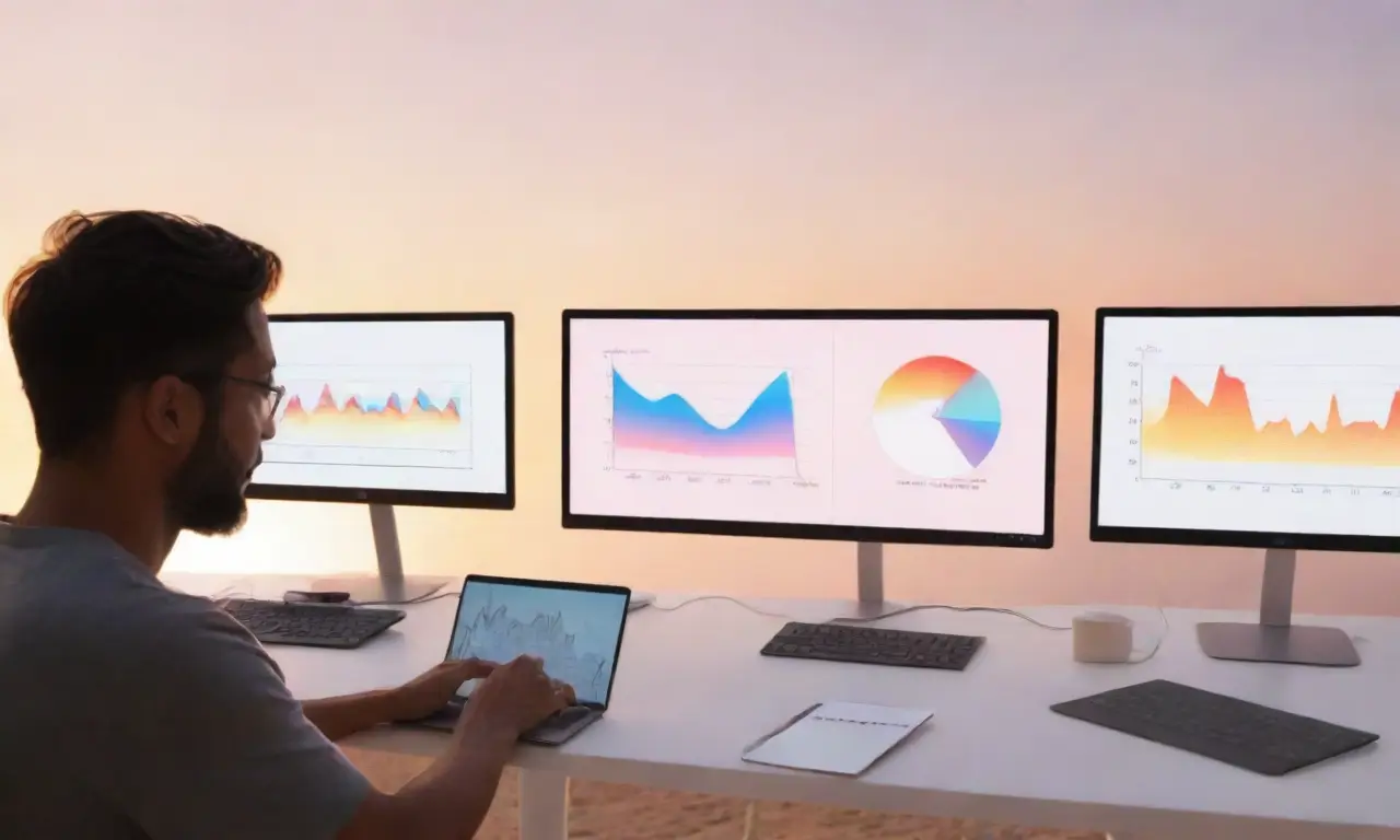 La tecnología brilla bajo un cielo de atardecer, mientras se dibujan datos en pantallas