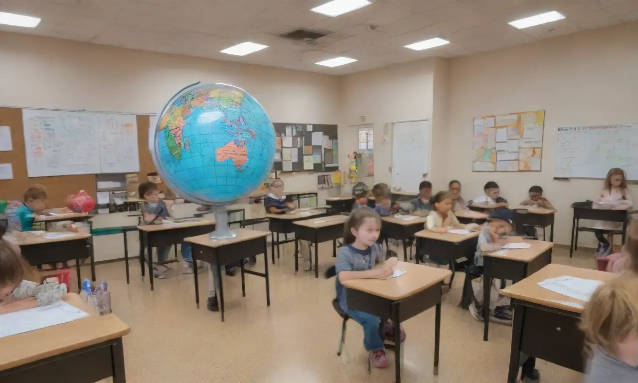 En el aula se observan rayos de holograma en un niño. (In the classroom, images of holograms are displayed.)