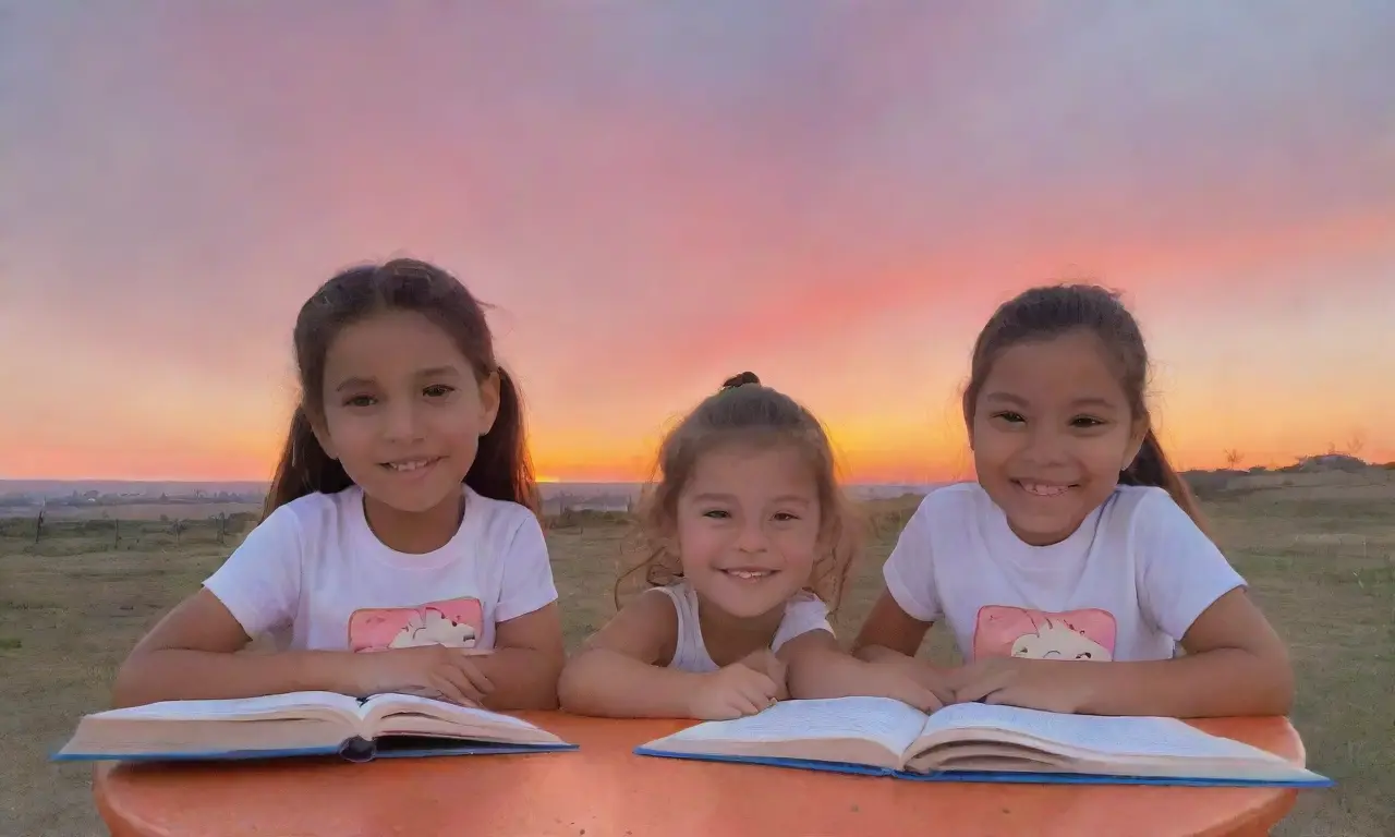 El cielo azul con nubes rosadas y naranja, rostros felices de niños frente a un atardecer vibrante