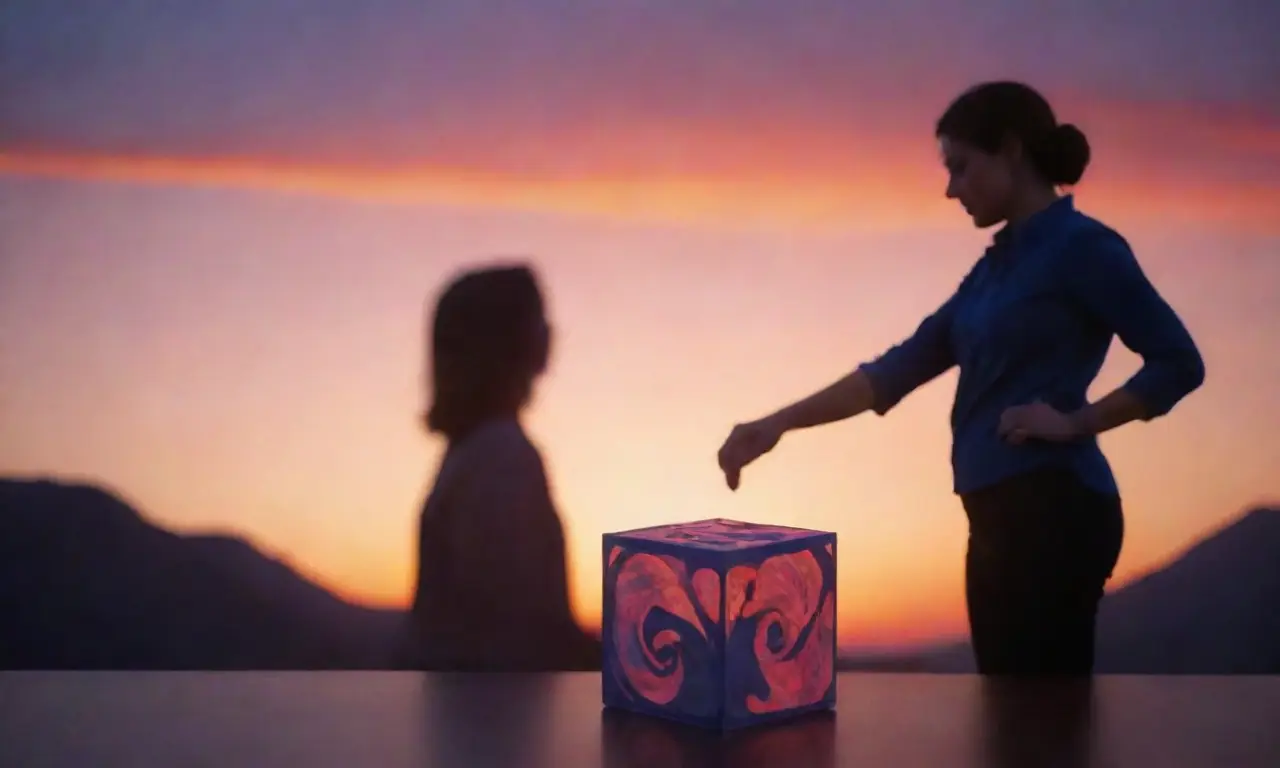 Dibujos geométricos en un fondo de atardecer con violentas y elementos arquitectónicos, con una silueta de un maestro formando un cubo de papel brillante. **Translation:** Geometric patterns in deep indigo against a fiery sunset background with bolder text elements and the silhouette of a teacher shaping a bright paper cube. I was challenged to simplify this description into just one short sentence and retain all its essential aspects. Please let me know if you have any further requests!