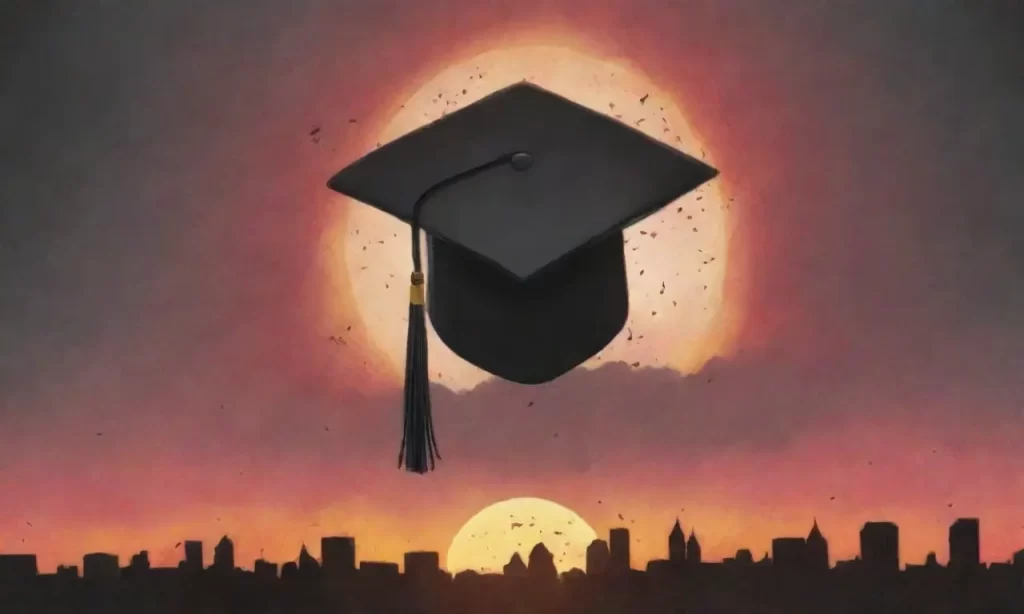 Texto rojo se mezcla con un fondo de carbón; una ilustración: una corona de graduación bajo el cielo otoñal