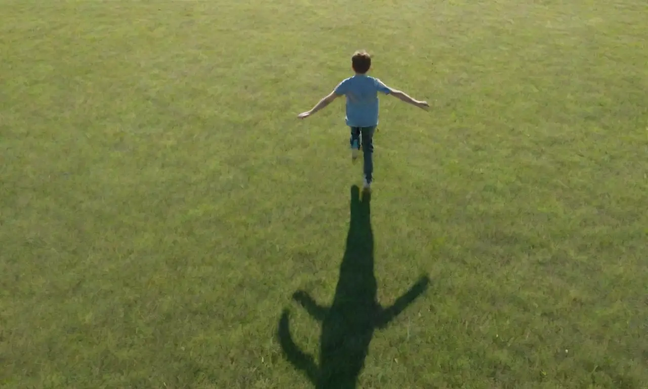 Un niño juega en un campo brillante bajo un cielo azul