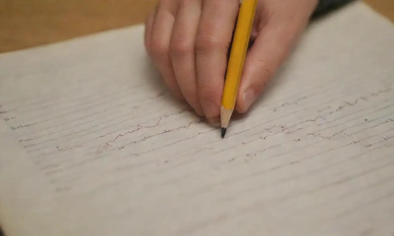 Los gráficos aumentan, una mano joven hojea un libro viejo, con manchas de grafitis y borrón de lápiz