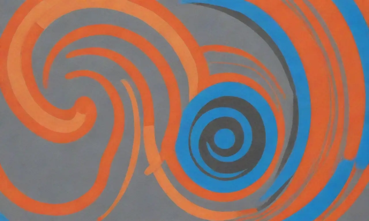 El espectro grisáceo se transforma en colores vibrantes de naranja a azul, círculos que bailan contra líneas abstractas