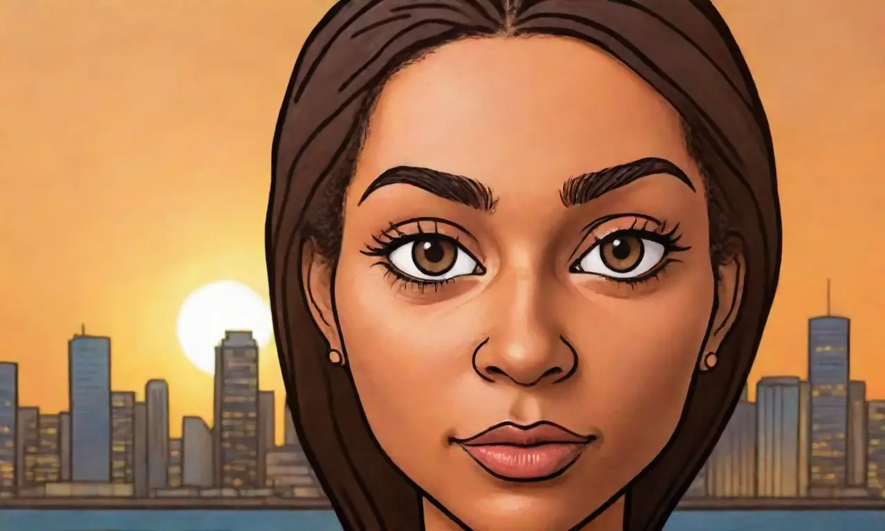Su rostro determinante, con mirada centrada en el horizonte, mientras las ciudades se desvanecen ante un cielo de tonos dorados.