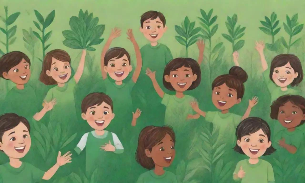Las cifras verdes muestran la participación de los estudiantes mientras el sol ilumina a las niñas que imitan la danza de las plantas