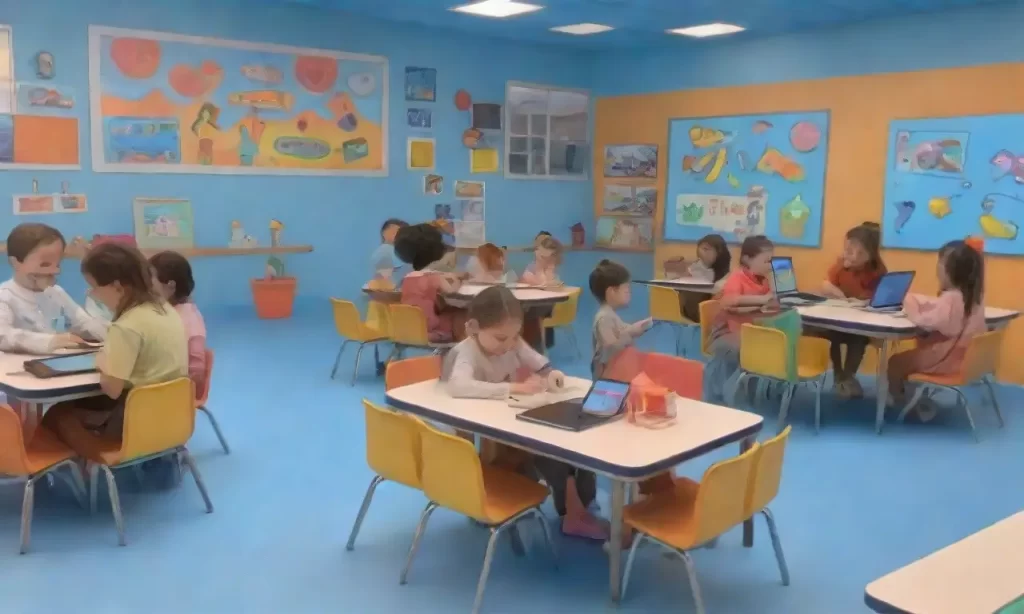 La clase vibrante y alegre con mesas coloridas
