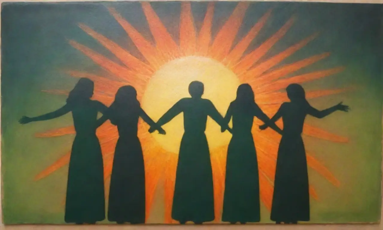 Un ambiente abstracto con sol y compañeros formados en una pared oscura