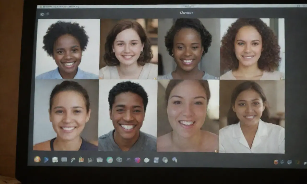 Un laptop, con luz cálida, muestra una graficación de estudiantes sonriendo y comunicándose por videollamada
