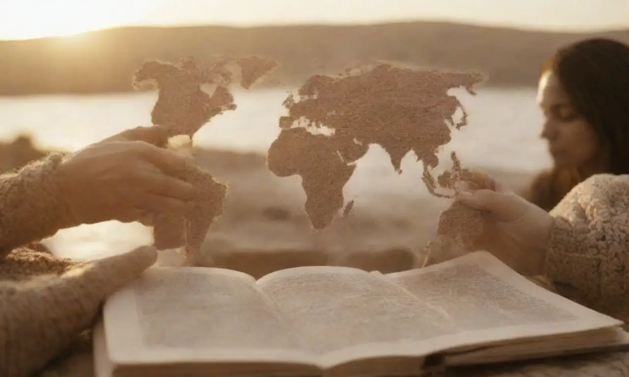 Un mapa del mundo en tonos sepia con manos de colores y rostros bajo el atardecer