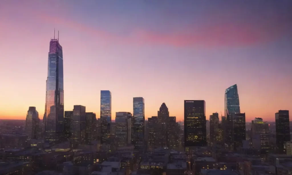 Una ciudad con energía académica se mezcla en un cielo de tonos cambiantes