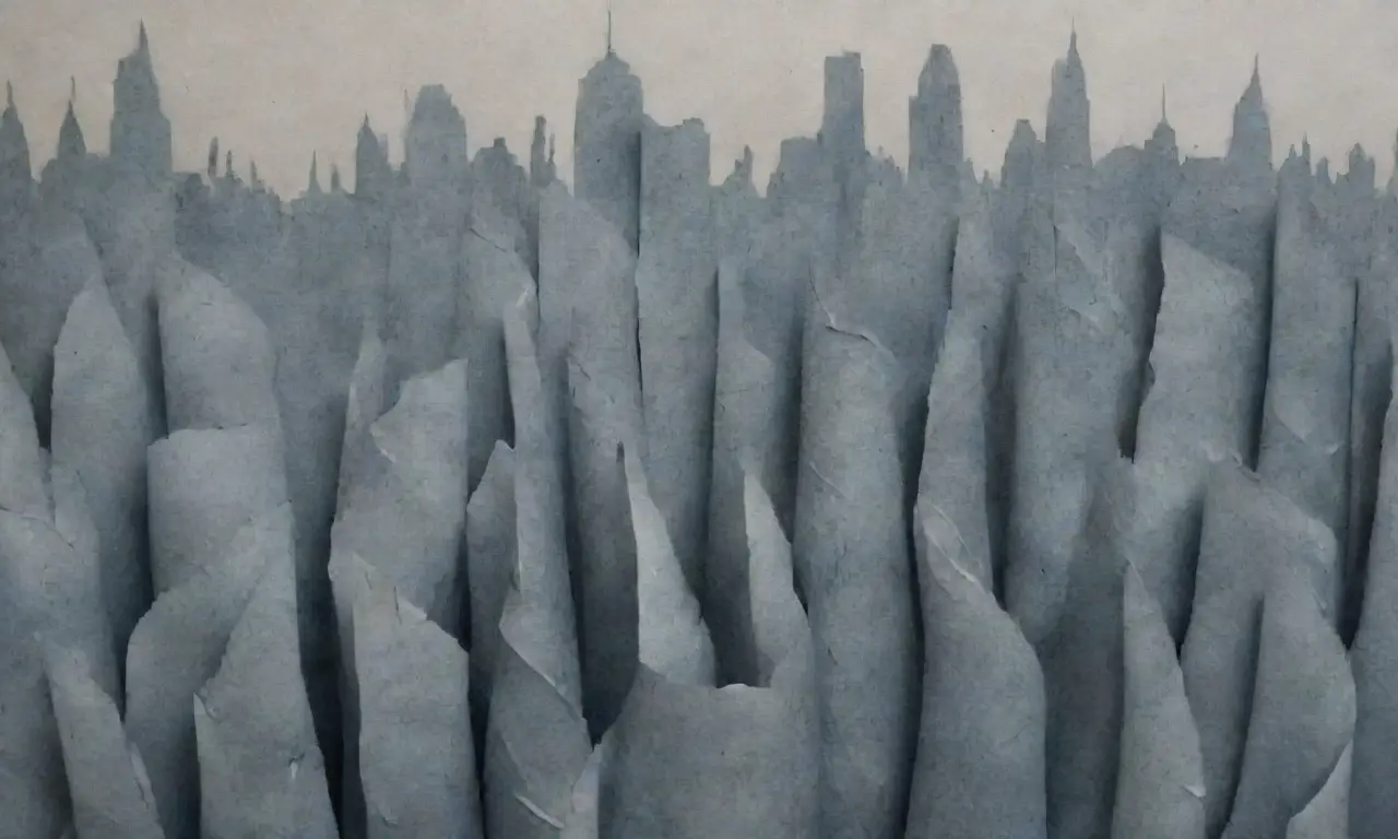 ¿Un cielo urbano distorsionado en azules descoloridos y grises, que escapa de las pliegues del papel como si fuera arrancado de la realidad?