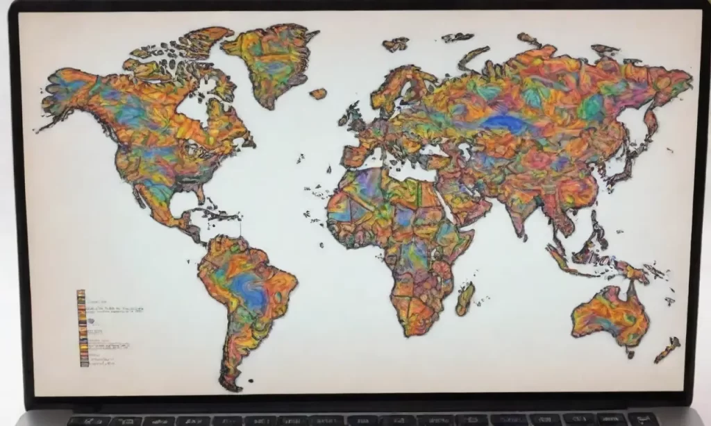 Una pantalla de laptop con mapas del mundo en colores y marcas de interrogante
