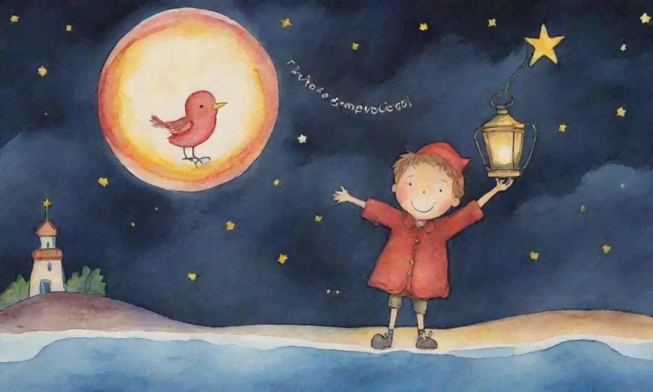 Un dibujo de pájaro con ancla y farol, con un niño curioso en estrellas, evoca Valores Específicos