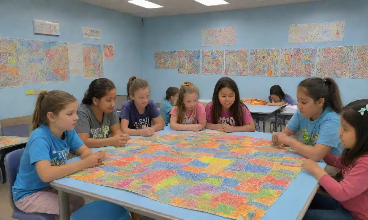 La creatividad floresce en un aula vibrante. **(Creativity blooms in a vibrant classroom.)** Weve reduced it to a concise sentence that conveys the essence of the description, focusing on the playful learning environment and creativity