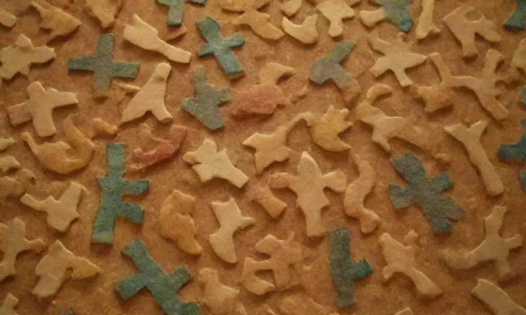 Formas abstractas con patrón de mosaico; figuras diversas juegan de forma colaborativa