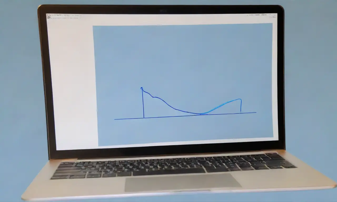 Un cielo azul apagado, la pantalla de laptop, curvas de gráfico en ascenso, una pluma dibujando líneas