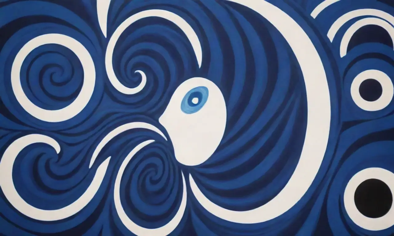 Formas geométricas abstractas danzan sobre la pared en azul profundo