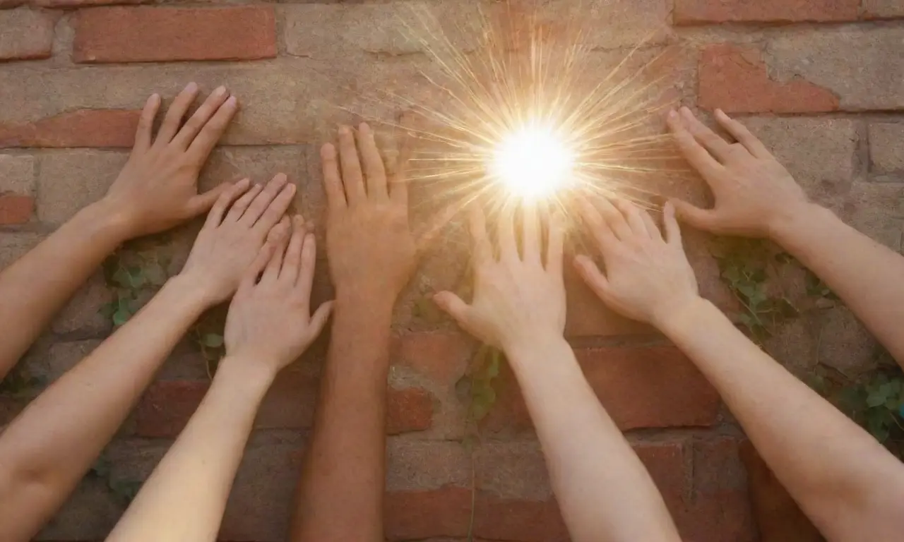 Las manos se suman con un cielo soleado, en una pared tapizada de patrones. **Translation:** Hands gather in sunlit skies on patterned walls. This captures the essence of the original description despite its shortened nature