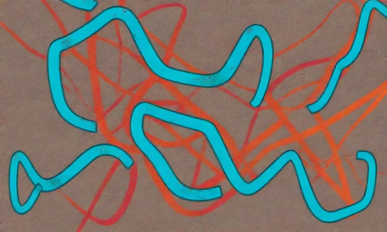 Un paisaje abstracto con diagramas de circuitos y grafismos, en un tono vibrante de rojo, naranja y azul