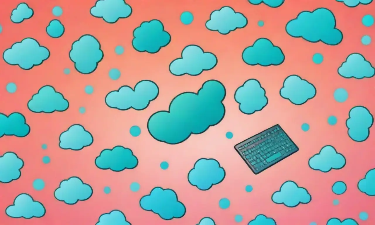 Imágenes abstract de colores y iconos geométricos con nubes azules y verdes, gráficos digitales y manos de teclado. **Translation:** Abstract backgrounds with color gradient and geometric icons, light blue and turquoise clouds, digital charts, and typed-hand symbols on keyboards