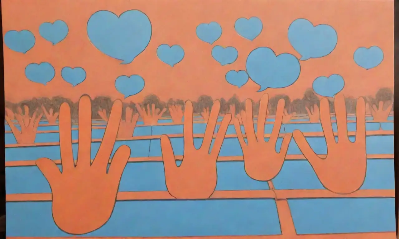 Un paisaje vibrante con rostros borrosos y corazones fusionados
