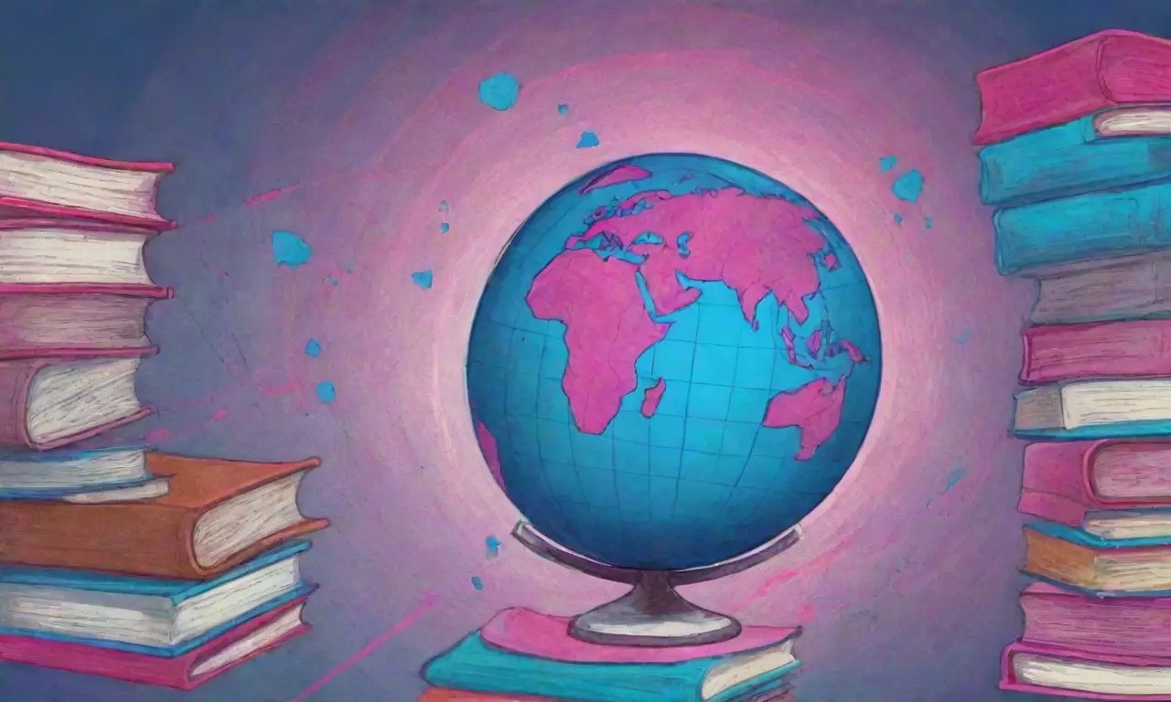 Un globo girando con continentes marcados en rosa y azul, rodeado de libros y diagramas